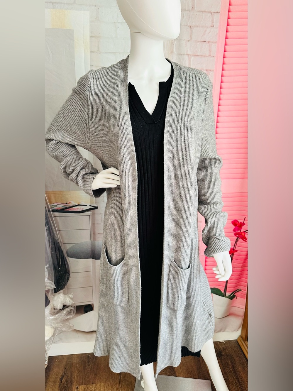 Cyrus Rib Knit Open Front Cardigan Gray